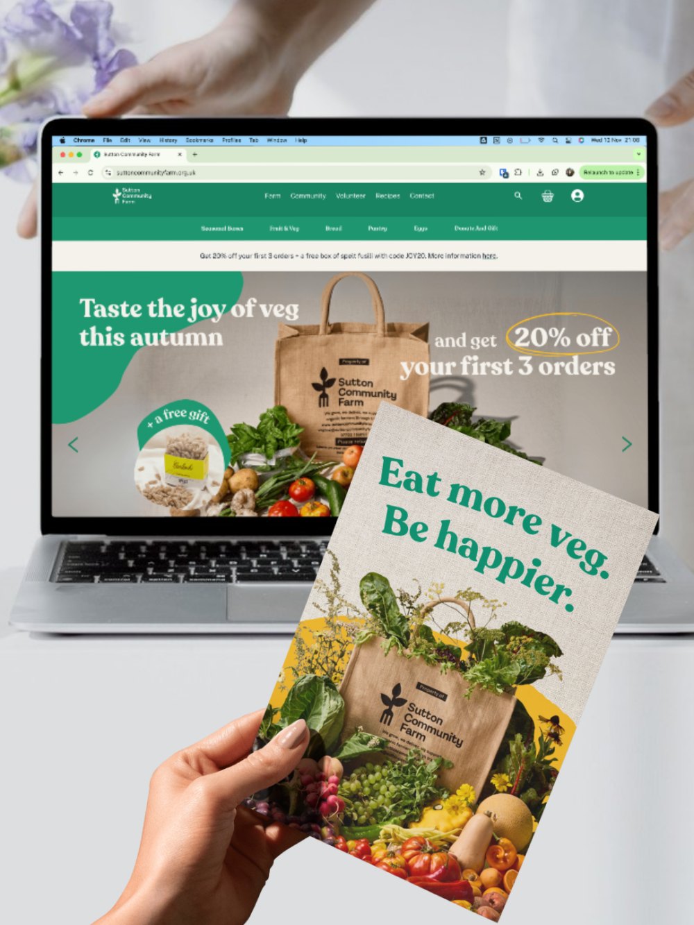 Sutton Community Farm website and Eat more veg print piece